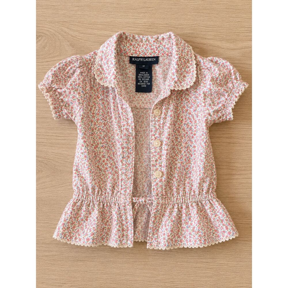 Ralph Lauren Girls Floral Peplum Blouse 4T Pink Cotton EUC